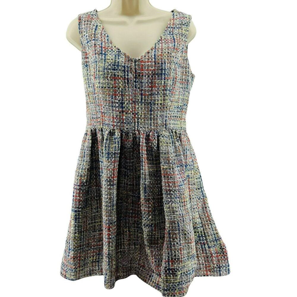 Q Mack Multicolor Tweed Dress Fit Flare Sleeveless V Neck Womens 6